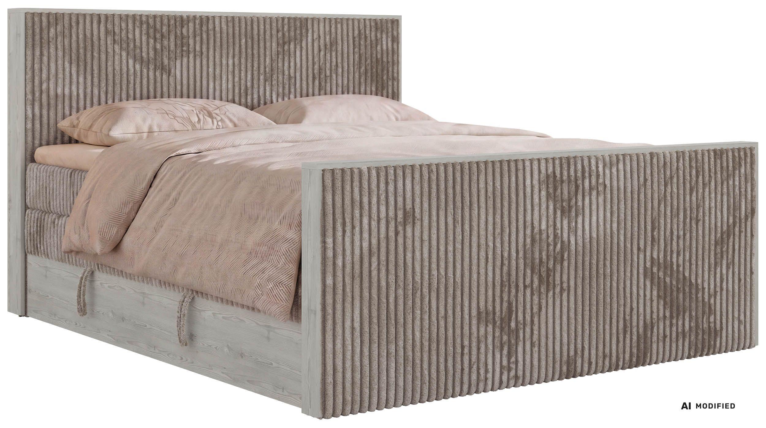 BOXSPRINGBETT NORDIC KING DUO 140/200 - Hellbraun Cord - Topper Visco - H3 - Hellbraun/Schwarz, Kunststoff/Textil (140/200cm) - MKS