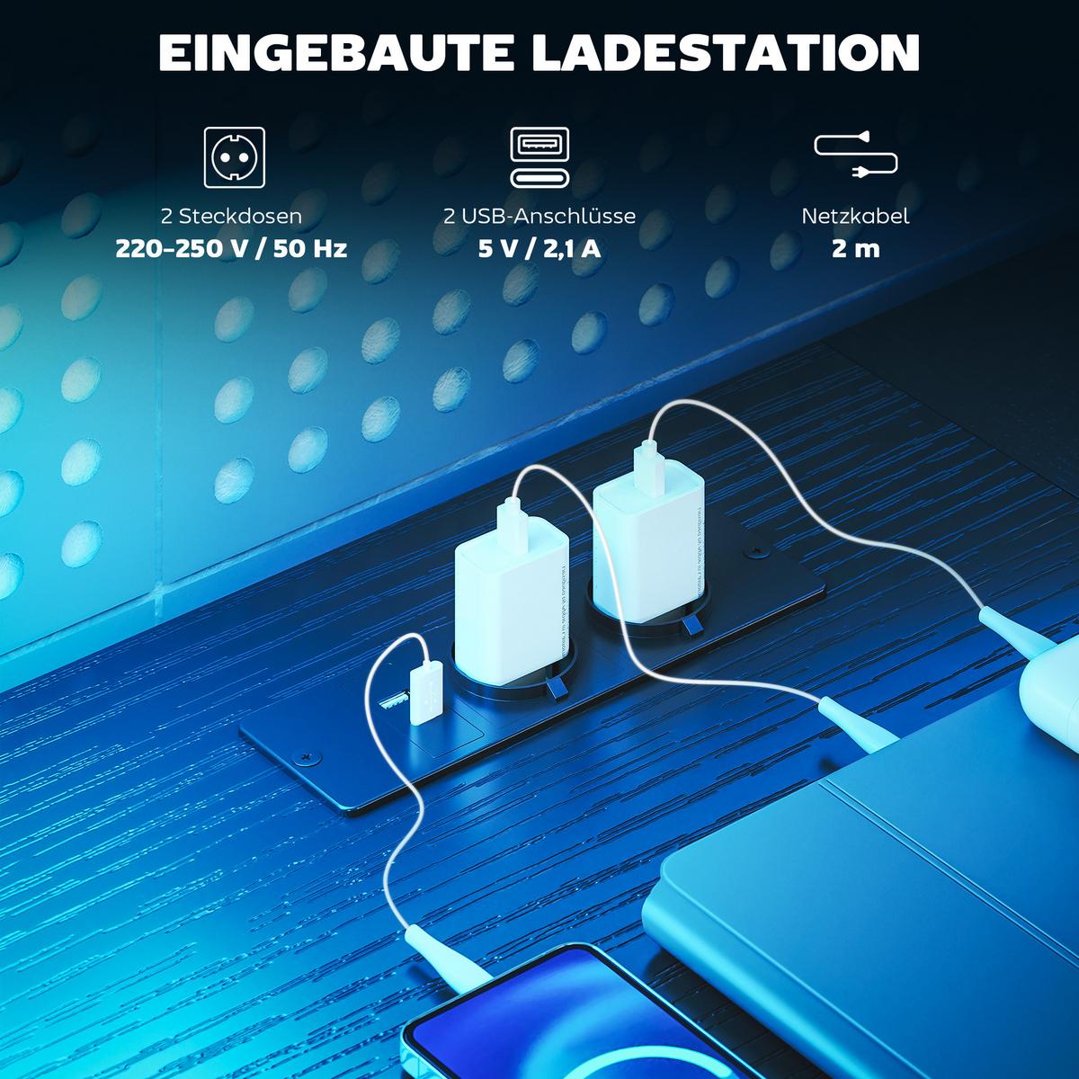 GAMING Tisch L-förmiger 165 x 80 cm Schreibtisch mit LED & Steckdosen 2 Schublad - Schwarz, Holzwerkstoff/Metall (165/80/91.5cm) - HOMCOM