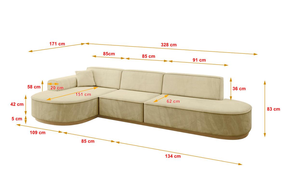 ECKSOFA Ottomane Links MARI-L2-v2 - 328x171x83 cm Beige Velours - Beige, Holzwerkstoff/Textil (328/171cm) - ALTDECOR