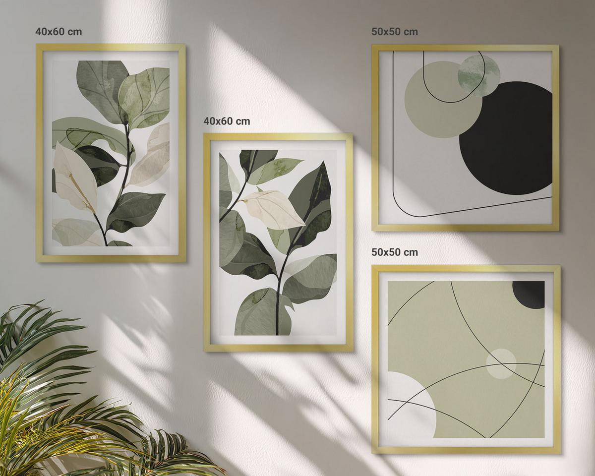 BILDER SET 4er Set - 50x50 cm & 40x60 cm Goldrahmen - Abstrakte Darstellung gemalter Blätter - Goldfarben, Kunststoff (50/50cm) - TULUP