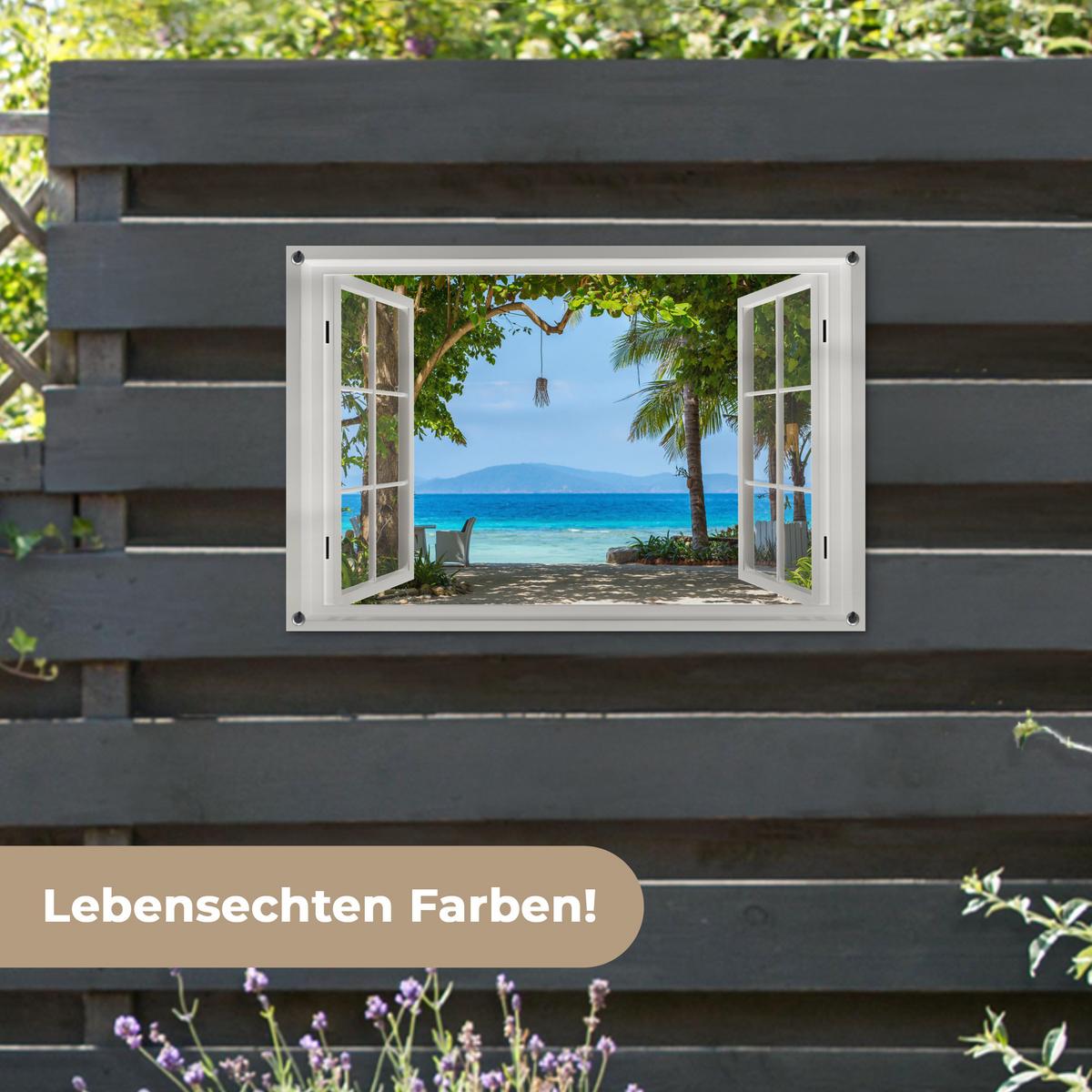 GARTENPOSTER Aussicht - Baum - Meer - Palme - Hügel - Strand - Blau Gartendeko 90x60 cm - Weiß, Kunststoff (90/60/0.2cm) - OnlyWow