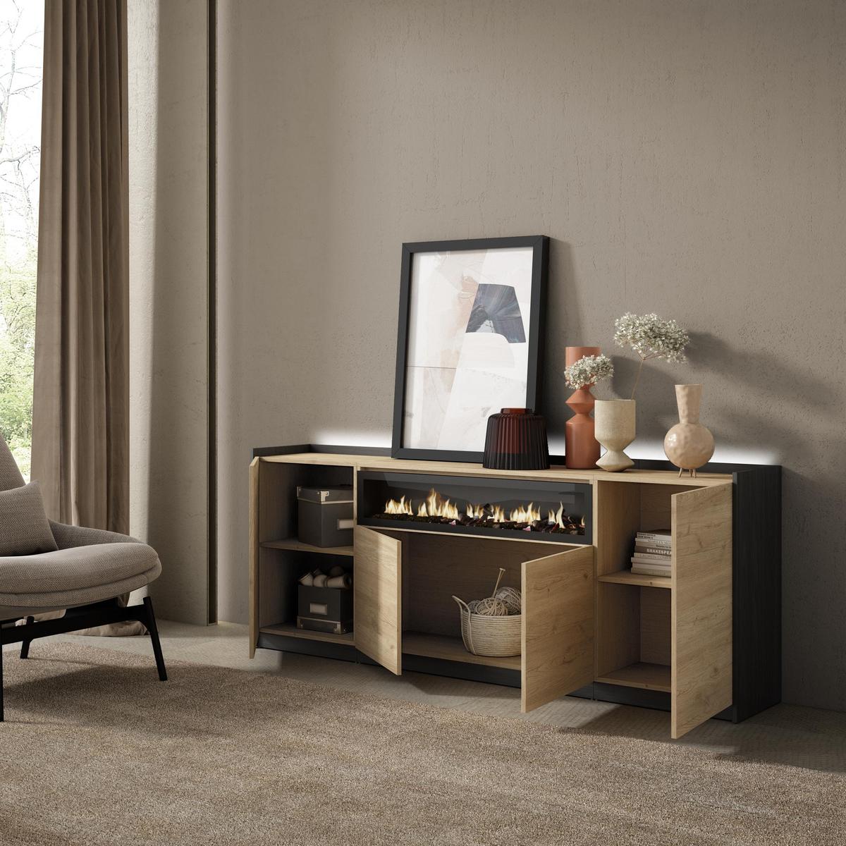 SIDEBOARD, Eiche und Schwarz, 207/37/80cm, Kamin mit Feuereffekt - Eichefarben, Holzwerkstoff (207/80/37cm) - Skraut Home