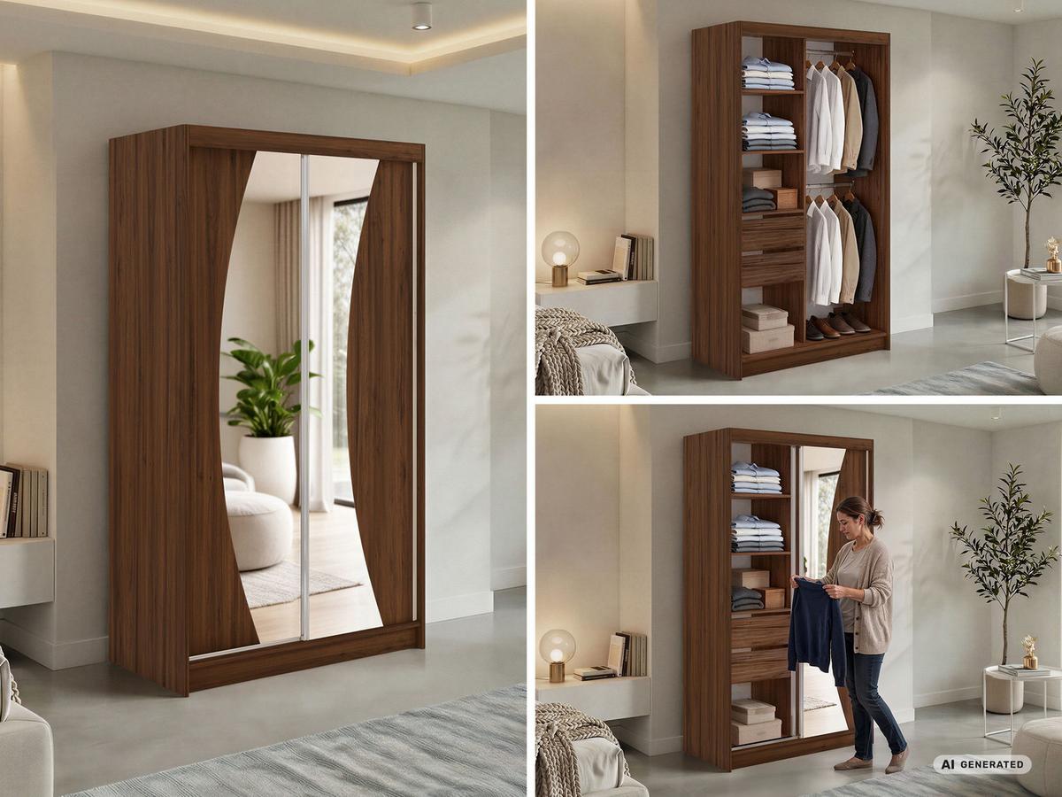 SCHWEBETÜRENSCHRANK 120 - VERONA - Warmia Walnuss mit Spiegel - Walnussfarben/Alufarben, Holzwerkstoff/Metall (120/216/61cm) - MKS