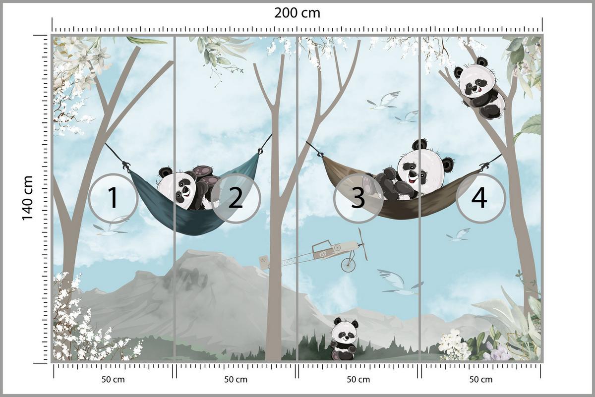 FOTOTAPETE für Kinderzimmer Pandas in Hängematten Märchenwald Blumen Berge 200x140 - Schwarz/Weiß, Papier (200/140cm) - Muralo
