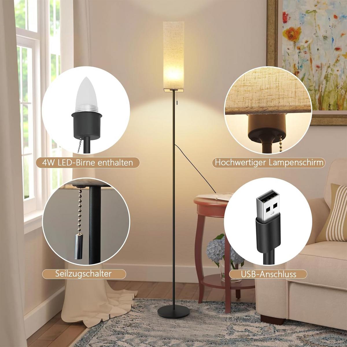 LED STEHLAMPE Hellan 10.5/10.5/151 cm - Schwarz, Textil/Metall (10.5/10.5/151cm) - ZMH