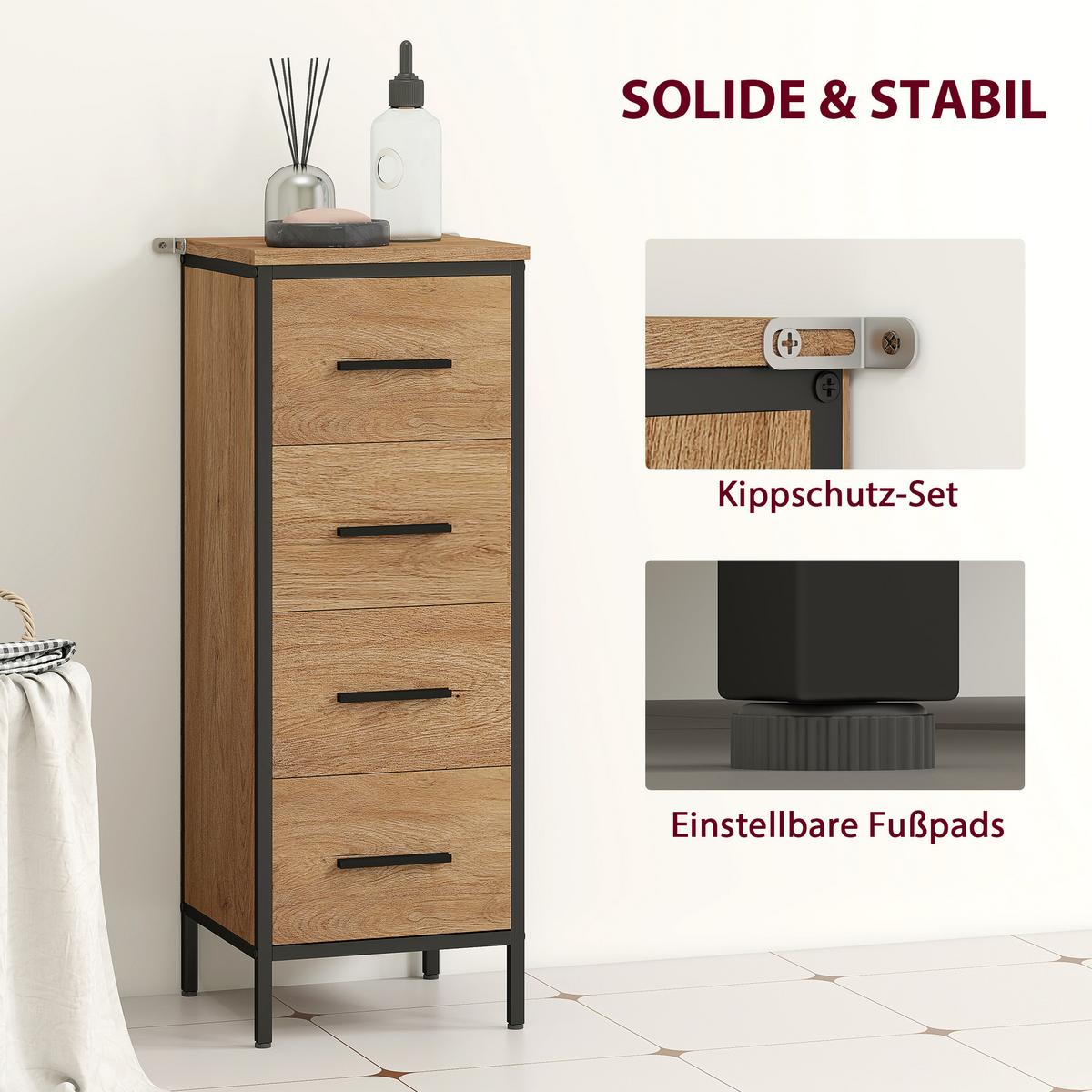 BADSCHRANK MDF Stahl Eiche - Eichefarben/Schwarz, Holzwerkstoff/Metall (30/82/30cm) - HOMCOM