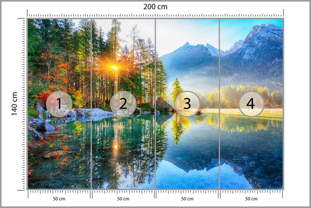 FOTOTAPETE für Schlafzimmer See Berge Bäume Sonnenuntergang Natur 200x140 - Gelb/Rot, Papier (200/140cm) - Muralo