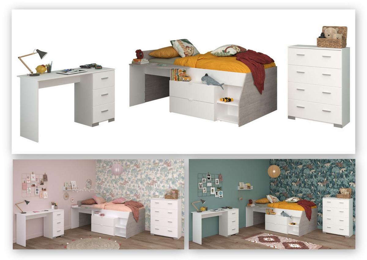KINDERZIMMER weiß, grau, Komplett-Set mit Stauraumbett, Kommode, Schreibtisch - Silberfarben/Weiß, Holzwerkstoff/Kunststoff (135/106/203cm) - Parisot Meuble