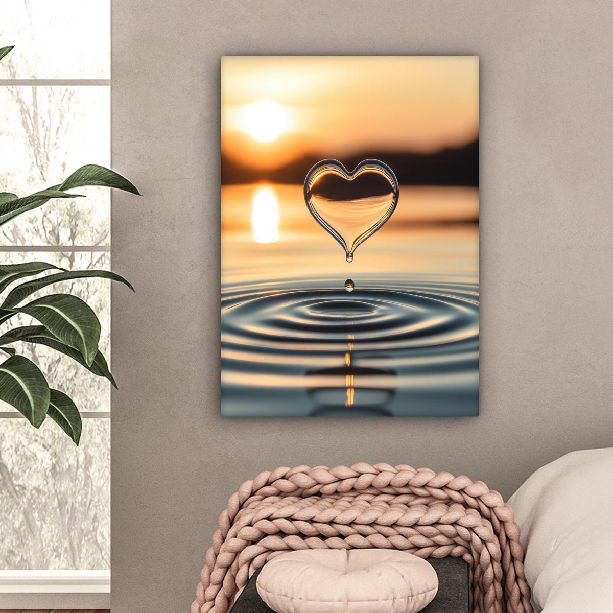 LEINWANDBILD Herz - Wasser - Sonnenuntergang - Natur - Zen Wandbild Wohnzimmer 60x80 cm - Bernsteinfarben, Textil (60/80cm) - MuchoWow