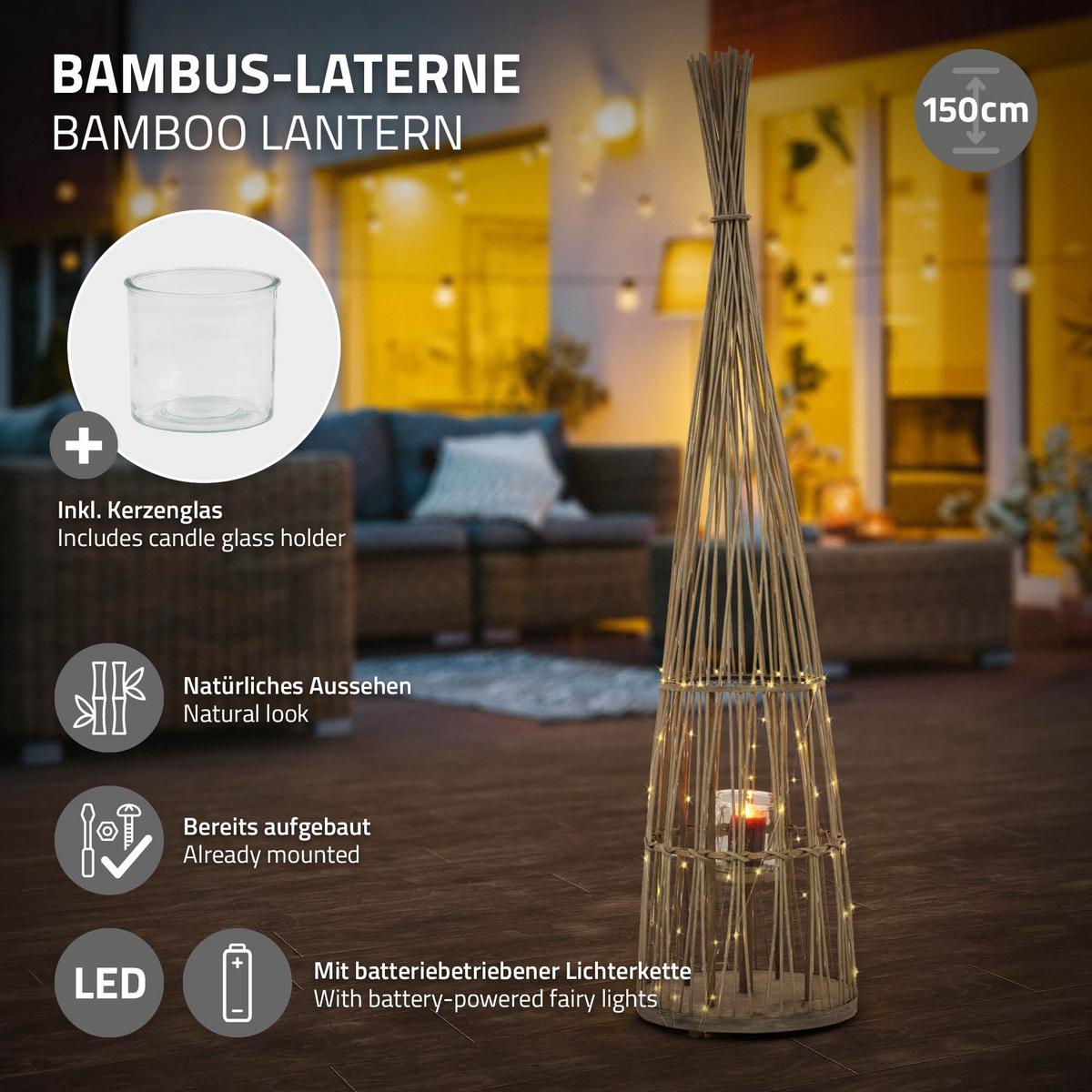 BAMBUS LATERNE H: 150 cm Holzfarbe Boho Stil - Naturfarben, Holz (35.5/150/35.5cm) - ECD-Germany