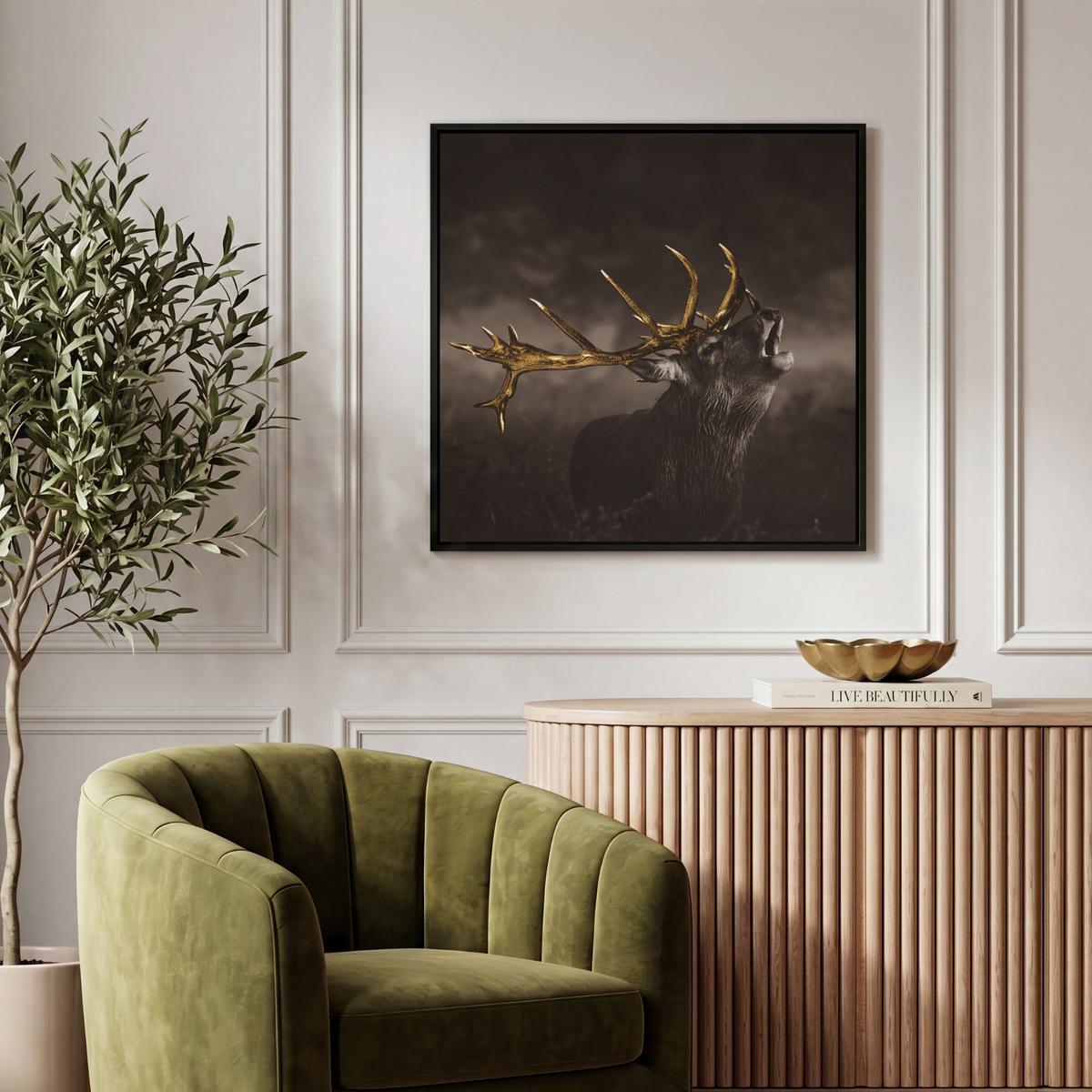 LEINWAND Bilder mit Rahmen - Rotwild - Schwarz - Gold - 50x50 - Braun, Textil (50/50cm) - MuchoWow
