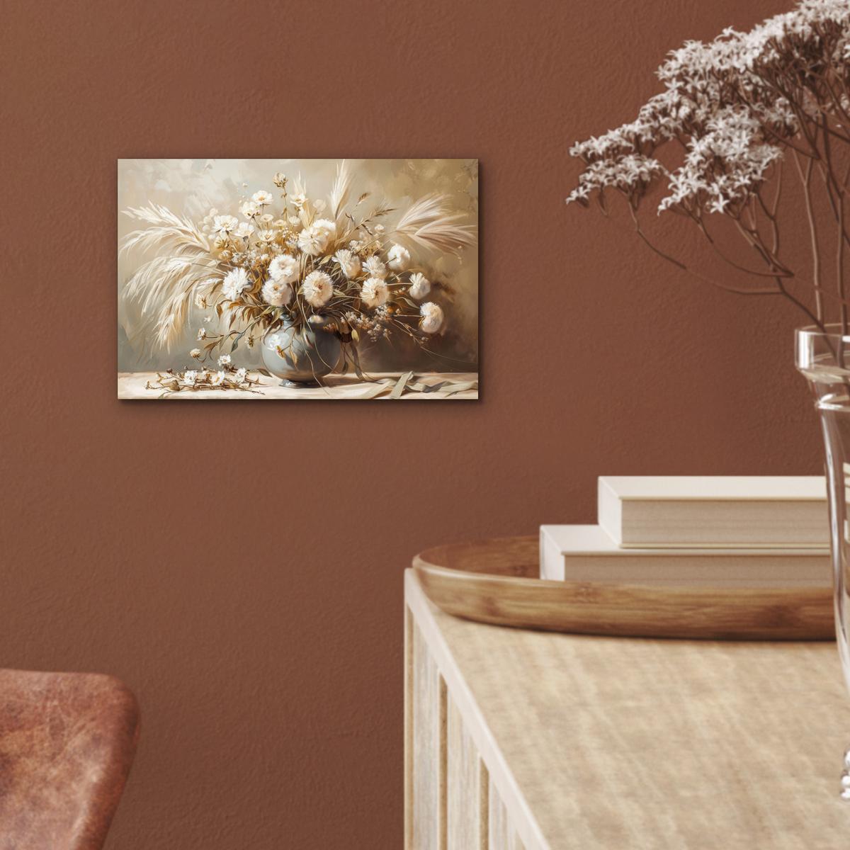 METALLBILD Blumen - Vase - Stilleben - Beige 30x20 cm - Creme, Metall (30/20cm) - MuchoWow