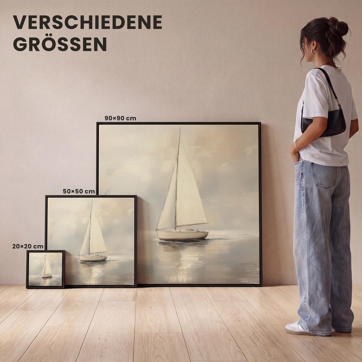 LEINWAND Bilder mit Rahmen - Segelschiff - Meer - Bewölkt - 20x20 - Creme, Textil (20/20cm) - MuchoWow