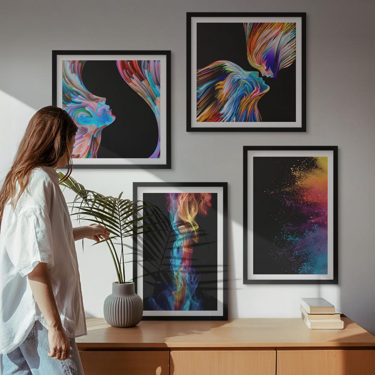 BILDER SET 4er Set - 50x50 cm & 40x60 cm Schwarzer Rahmen - Farbenfrohe Abstraktionen, Gesichter, Formen - Schwarz, Kunststoff (50/50cm) - TULUP