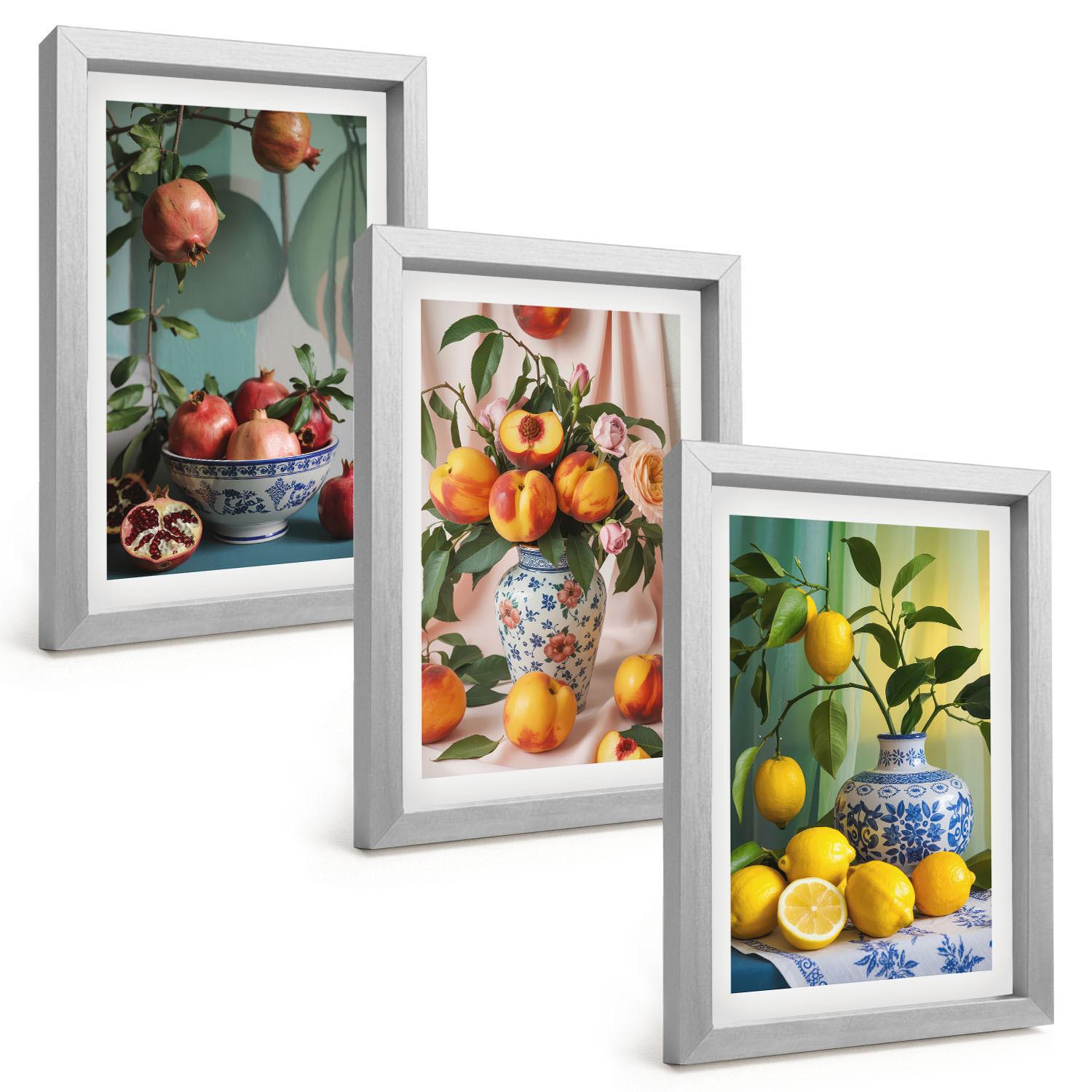 BILDER SET 3er Set - 20x30 cm Silberner Rahmen - Granatäpfel, Pfirsiche, Zitronen - Silberfarben, Kunststoff (20/30cm) - TULUP