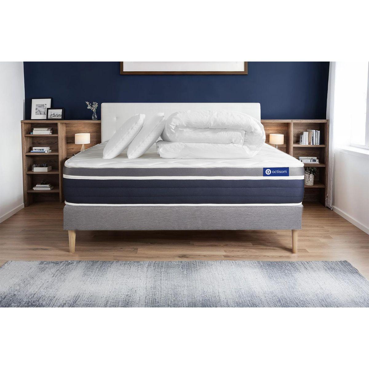 BETT Actiflex confort Taschenfederkern und Memory-Schaum 160 x 200 cm h2 - Kit Bettgestell Grau - Mit Kissen und Bettdecke - Beige/Grau, Karton/Holz (160/200cm) - ACTISOM