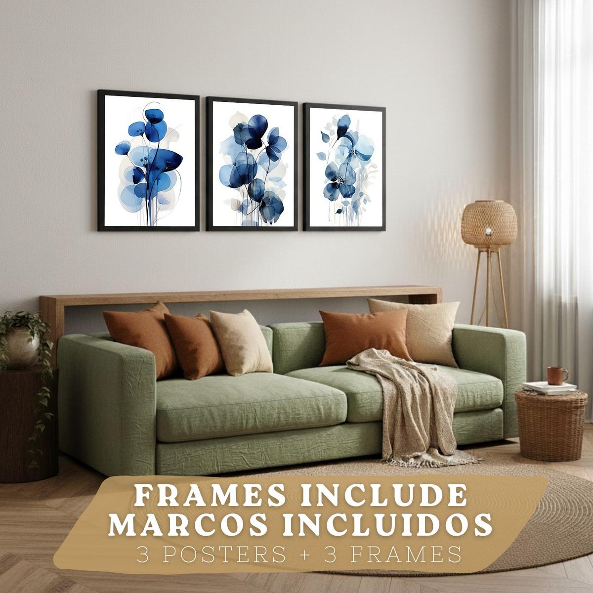 POSTER 3er-Set Wandbilder Blumen Blau modern Wohnzimmer Deko, Schlafzimmer, Küche, Badezimmer Schwarzer Rahmen A4 - Schwarz, Papier (29.7/1/21cm) - Nacnic