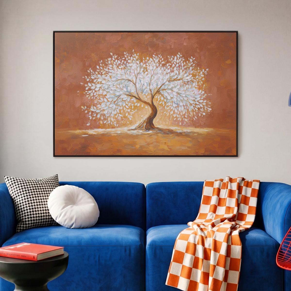 LEINWAND Bilder mit Rahmen - Abstrakt - Baum - Weiß - Blätter - 90x60 - Braun, Textil (90/60cm) - MuchoWow