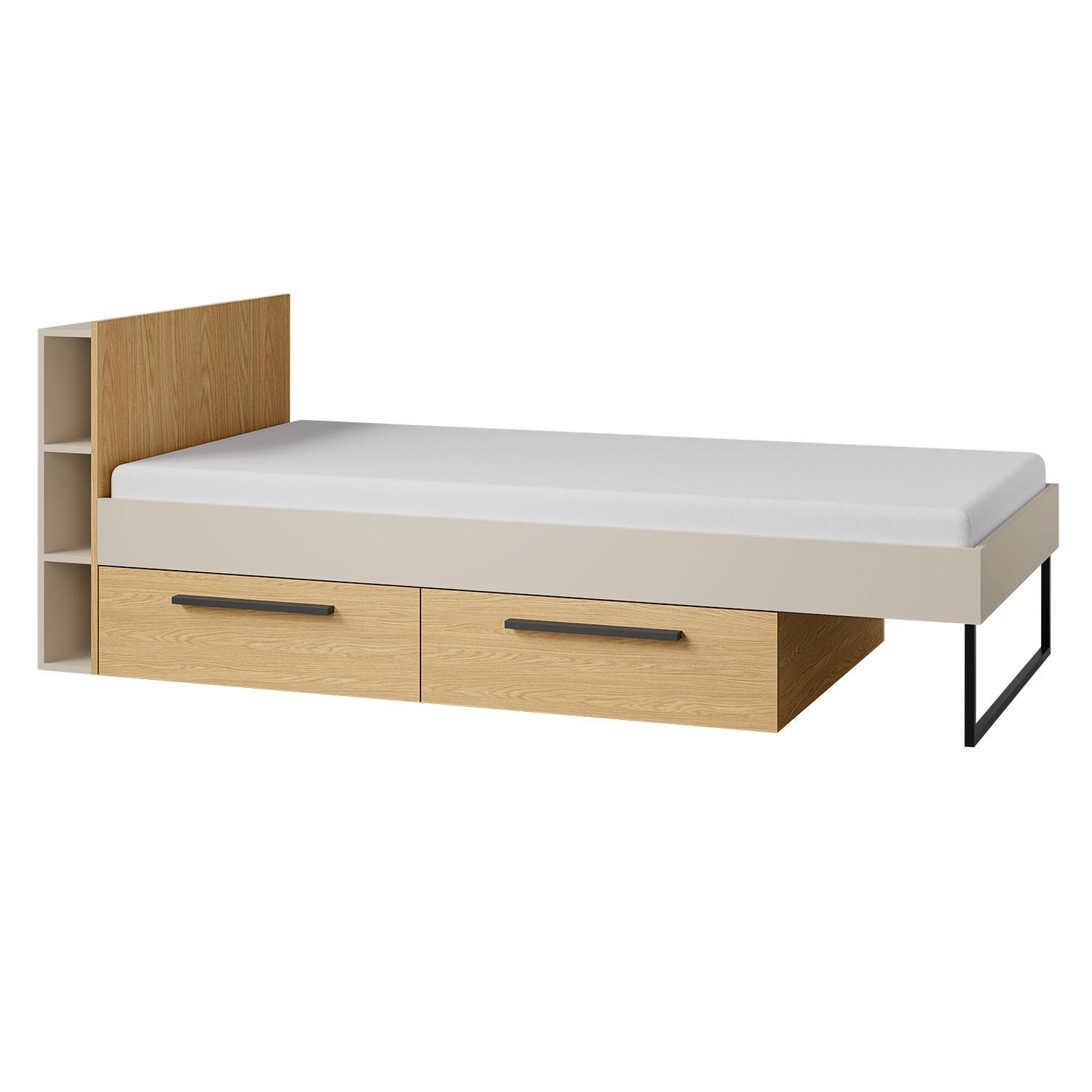 BETT Largo mit 2 Schubladen und Ablagefächern, ohne Matratze, 90x200 cm, für Jugendzimmer, Kaschmir/Frühlings-Eiche - Kaschmir/Eichefarben, Holzwerkstoff - Beautysofa