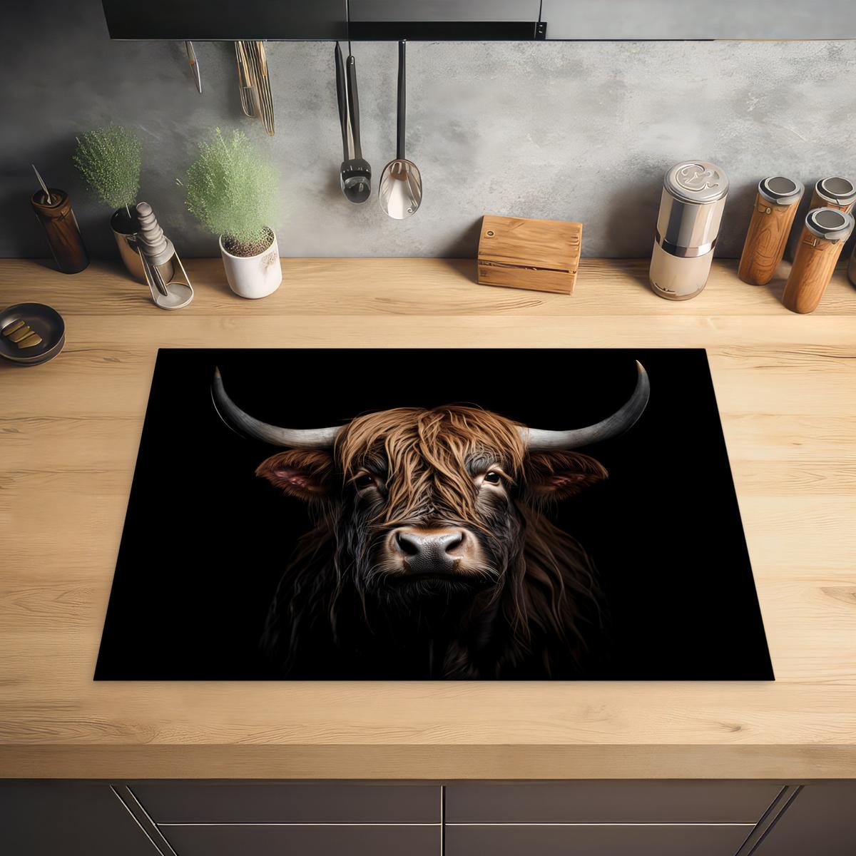 HERDABDECKPLATTE Schottischer Highlander - Porträt - Schwarz - Tier Herdabdeckung Induktionsfeld 75x52 cm - Braun, Kunststoff (75/52/0.2cm) - MuchoWow