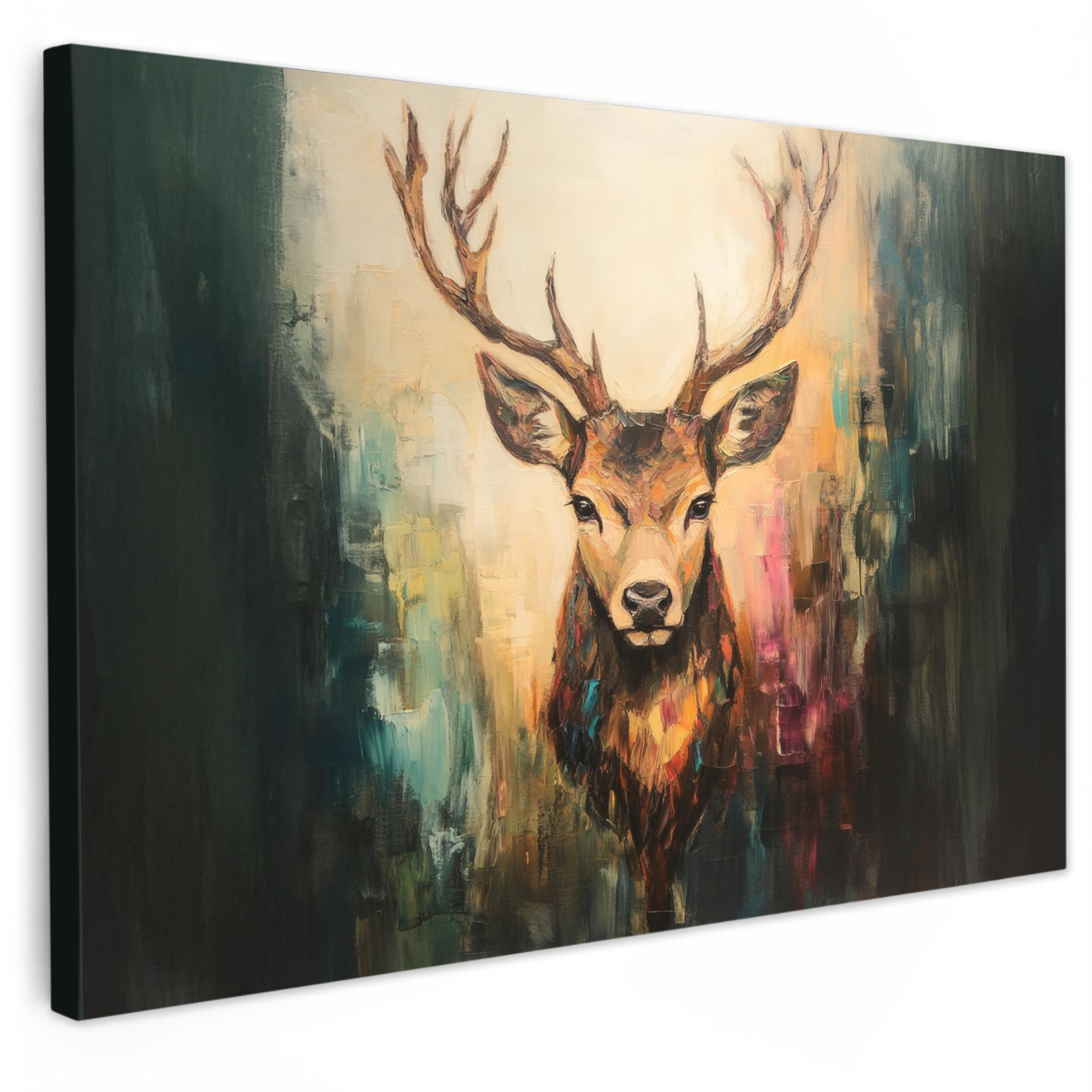 LEINWANDBILD Hirsch - Gemalt - Geweih - Braun XXL 150x100 cm - Haselnussfarben, Textil (150/100cm) - MuchoWow
