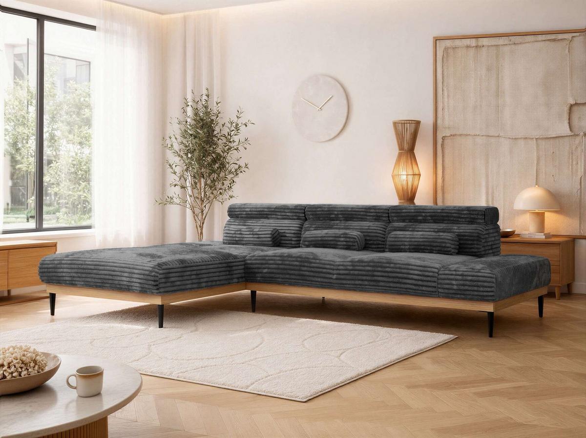 ECKSOFA PAVERO L - Grau Cord - Links Seite - Schwarz/Grau, Textil/Metall (205/316cm) - MKS
