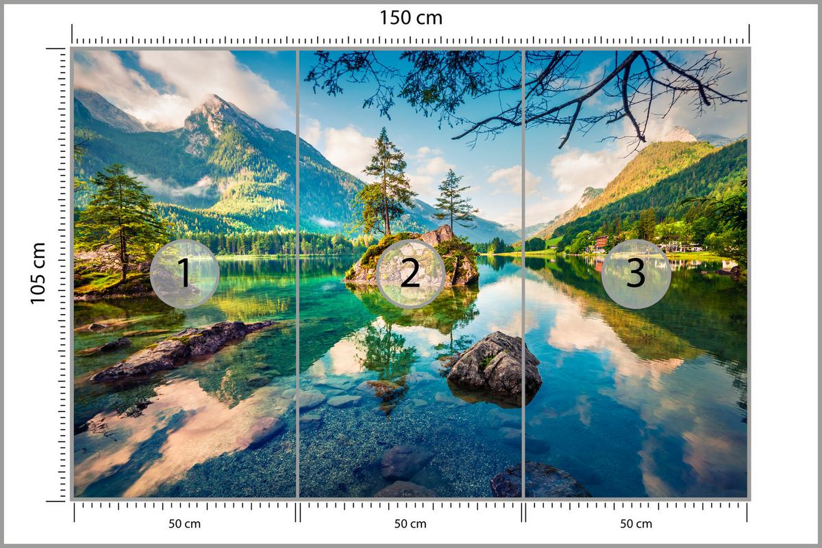 FOTOTAPETE für Schlafzimmer Bergsee Nadelbäume Felsen Natur Landschaft 150x105 - Türkis/Beige, Papier (150/105cm) - Muralo