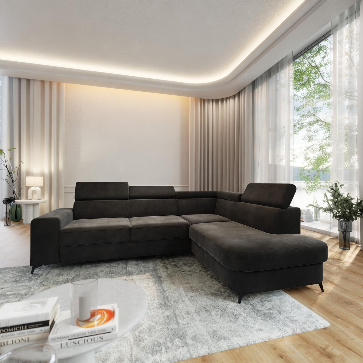ECKSOFA ALVORO R-S Schwarz Velours-Stoff mit Schlaffunktion - Schwarz, Holz (253/190cm) - MASSENO
