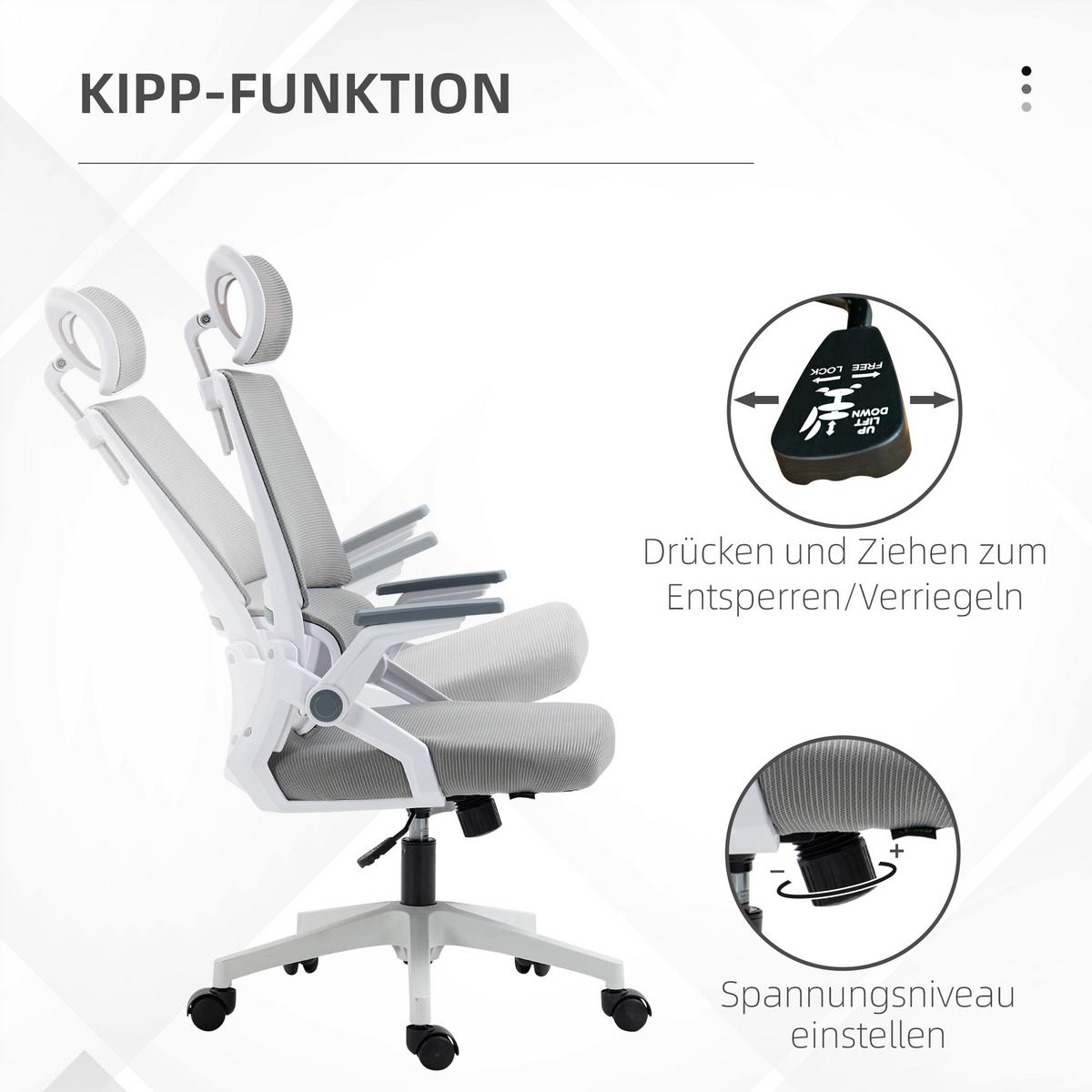 BÜROSTUHL Ergonomisch, Schreibtischstuhl mit Verstellbar Kopfstütze Mesh, Grau - Grau, Textil (61/121.5/60cm) - Vinsetto