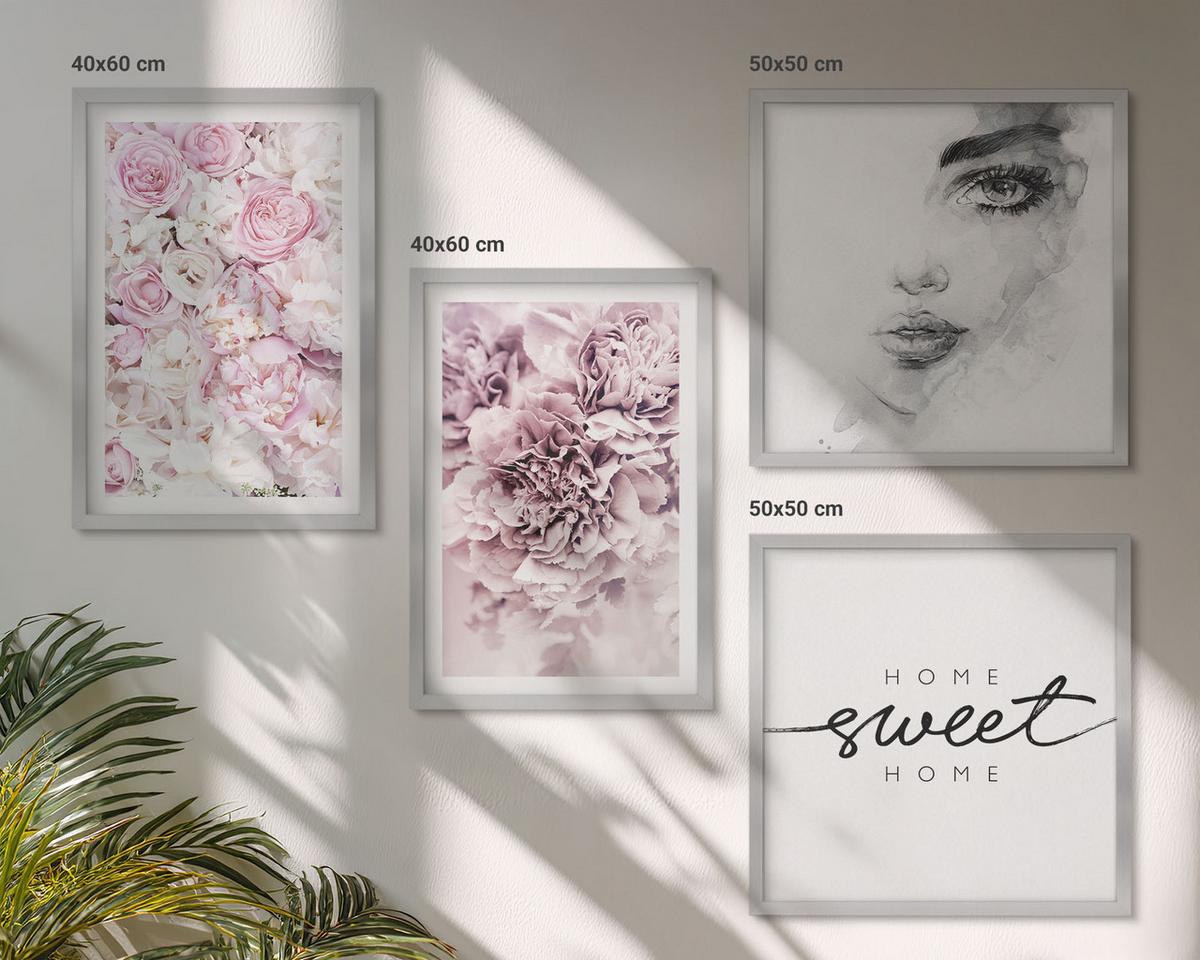 BILDER SET 4er Set - 50x50 cm & 40x60 cm Silberner Rahmen - Pfingstrosenporträt einer Frau für Zuhause - Silberfarben, Kunststoff (50/50cm) - TULUP