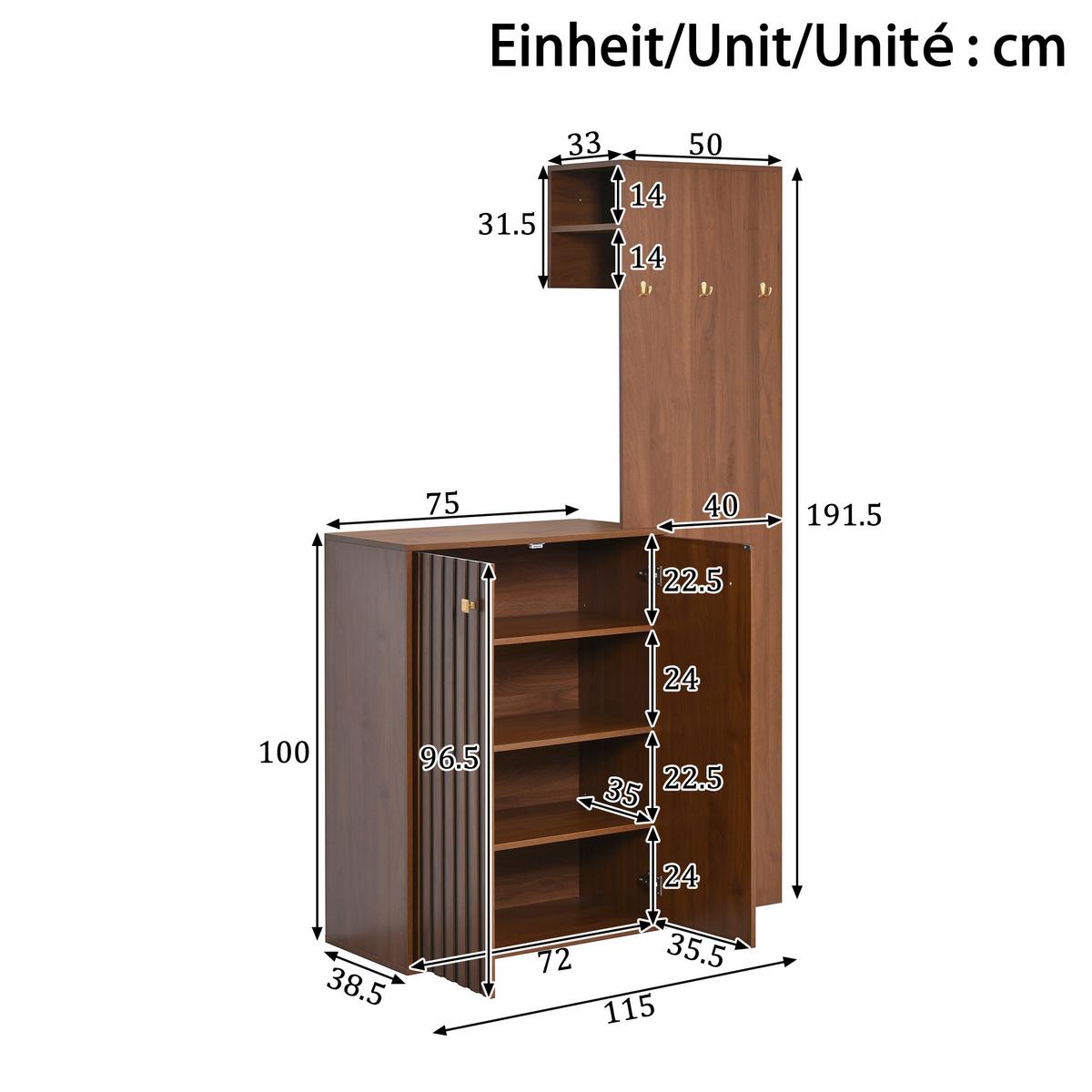 KOMPAKTGARDEROBE in Walnuss-Optik – mit Schuhschrank & Paneel - Walnussfarben, Holzwerkstoff (115/191.5/38.5cm) - Urban Meuble