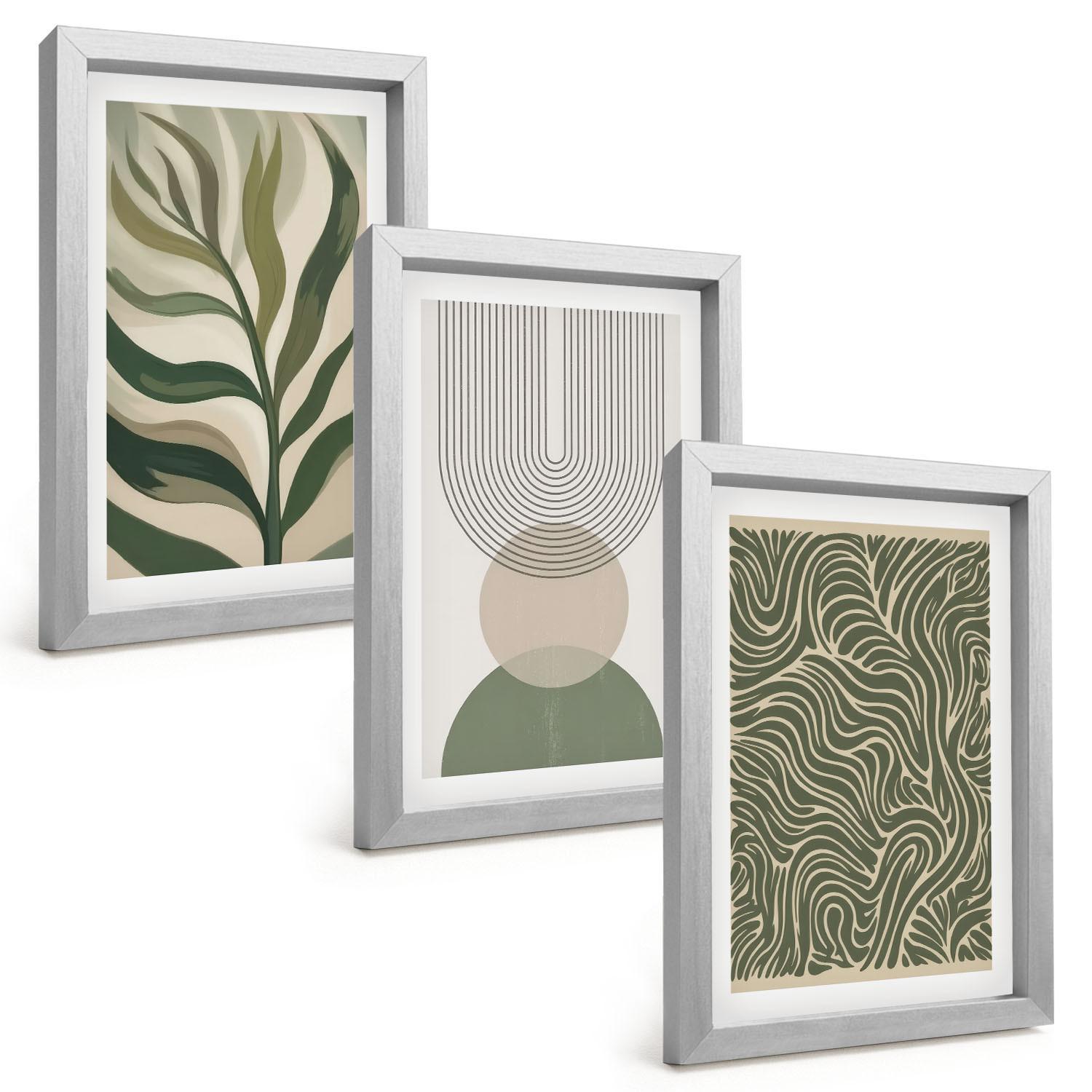 BILDER SET 3er Set - 20x30 cm Silberner Rahmen - Geometrische Blattformen - Silberfarben, Kunststoff (20/30cm) - TULUP
