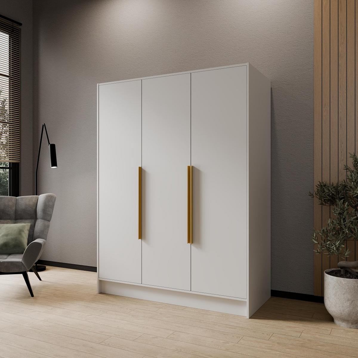 DREHTÜRENSCHRANK Pavia ohne Spiegel, Weiß mit mit goldenen Griffen, 150 cm - Goldfarben/Weiß, Holzwerkstoff (150/200/51cm) - Beautysofa
