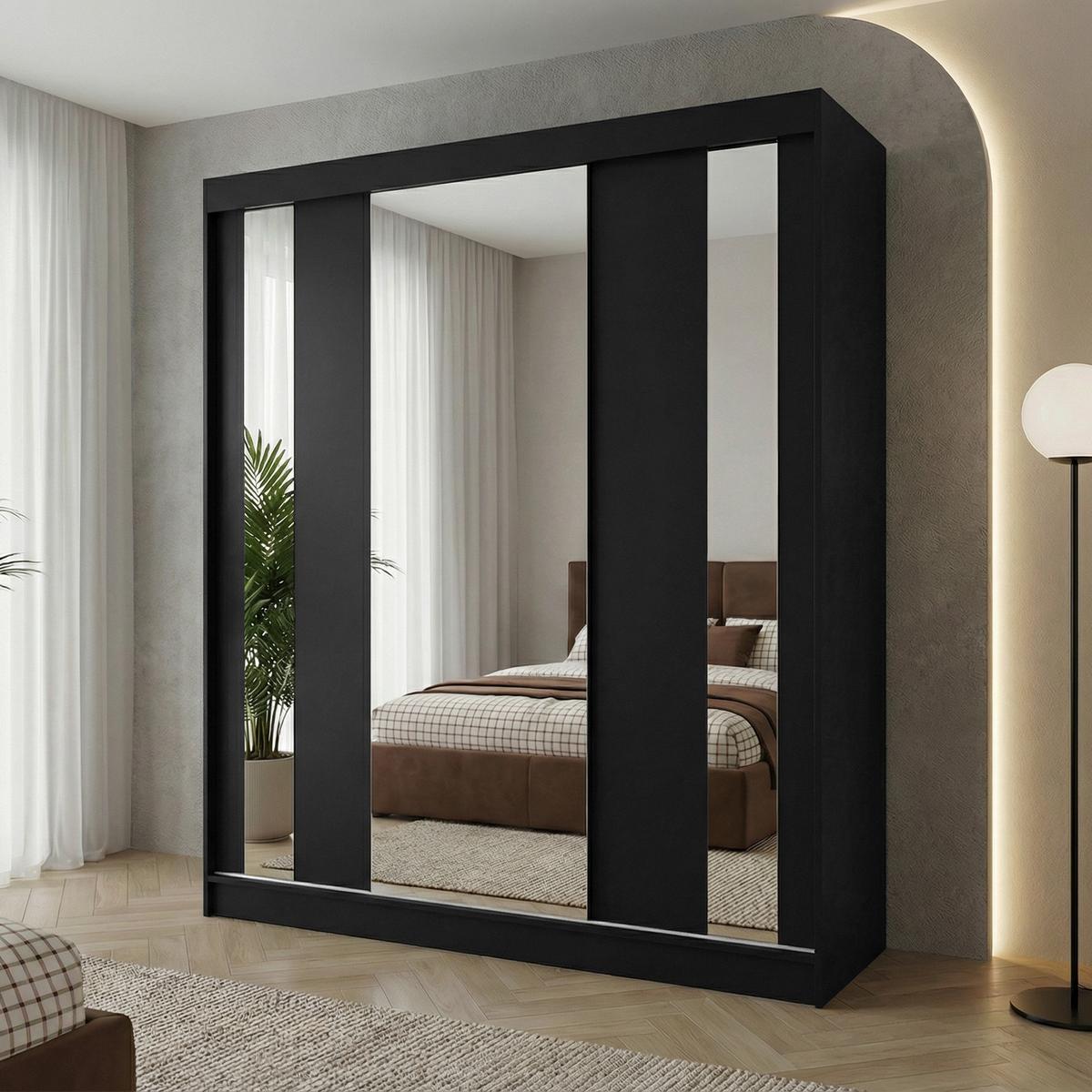 SCHWEBETÜRENSCHRANK Gaja 180/216/61 schwarz mit Spiegel - Schwarz, Holzwerkstoff (180/216/61cm) - Beautysofa