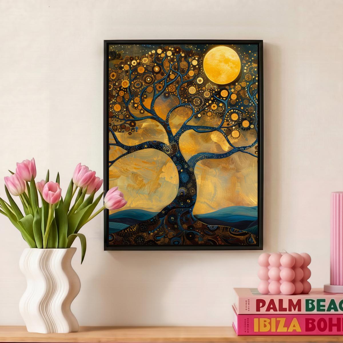LEINWAND Bilder mit Rahmen - Baum - Mond - Blumen - Gold - Kunst - 30x40 - Orange, Textil (30/40cm) - MuchoWow