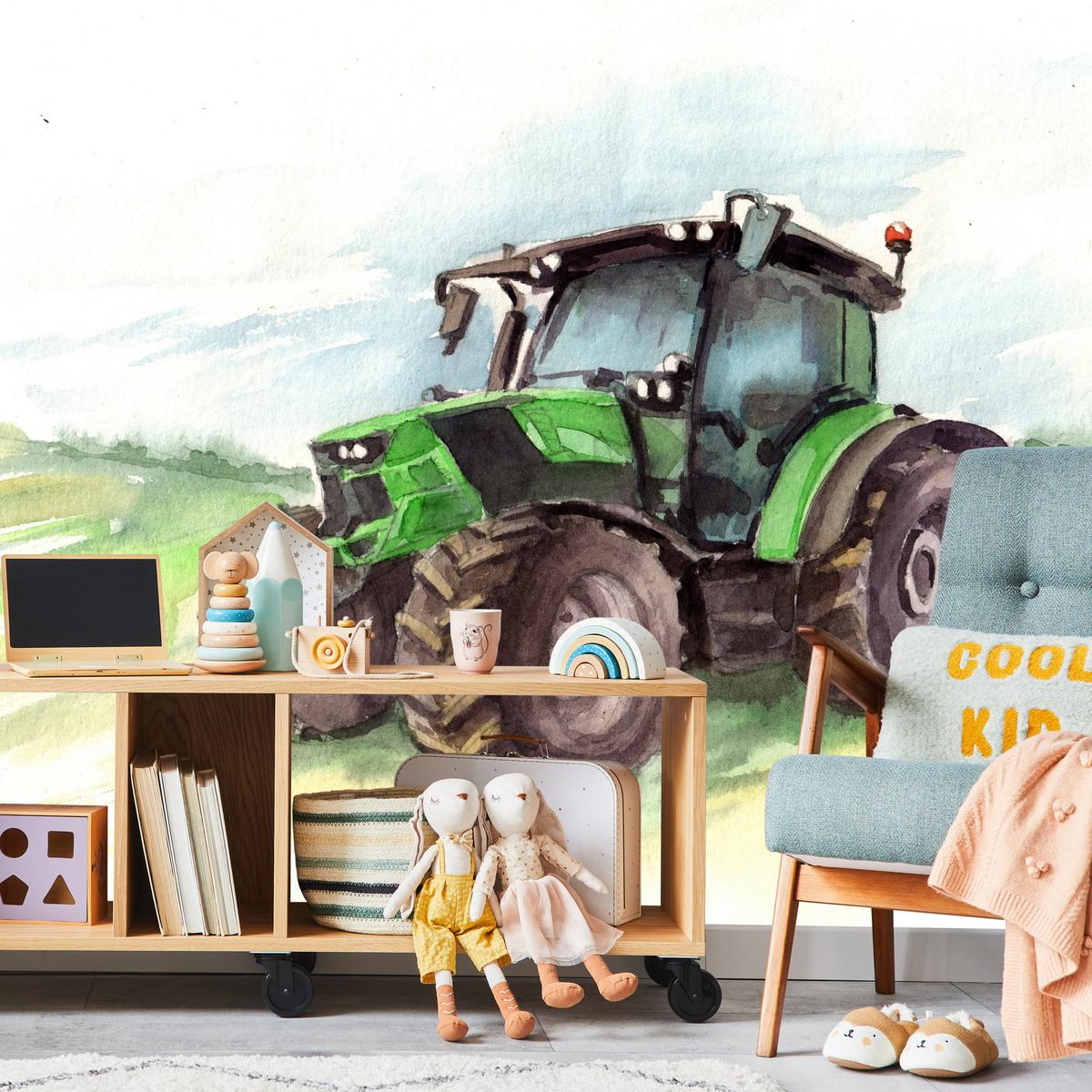 FOTOTAPETE für Kinderzimmer Aquarell Grüner Traktor Feld 300x210 - Gelb/Schwarz, Papier (300/210cm) - Muralo