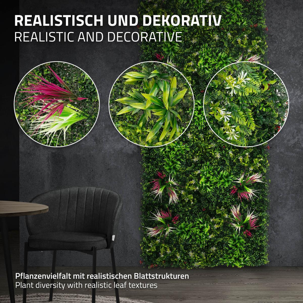 KÜNSTLICHE PFLANZENWAND 4er Set 50x50 cm Kunstpflanzen Wand Innen Aussen Grün Tropical Pink - Pink/Grün, Kunststoff (50/50/10cm) - ECD-Germany