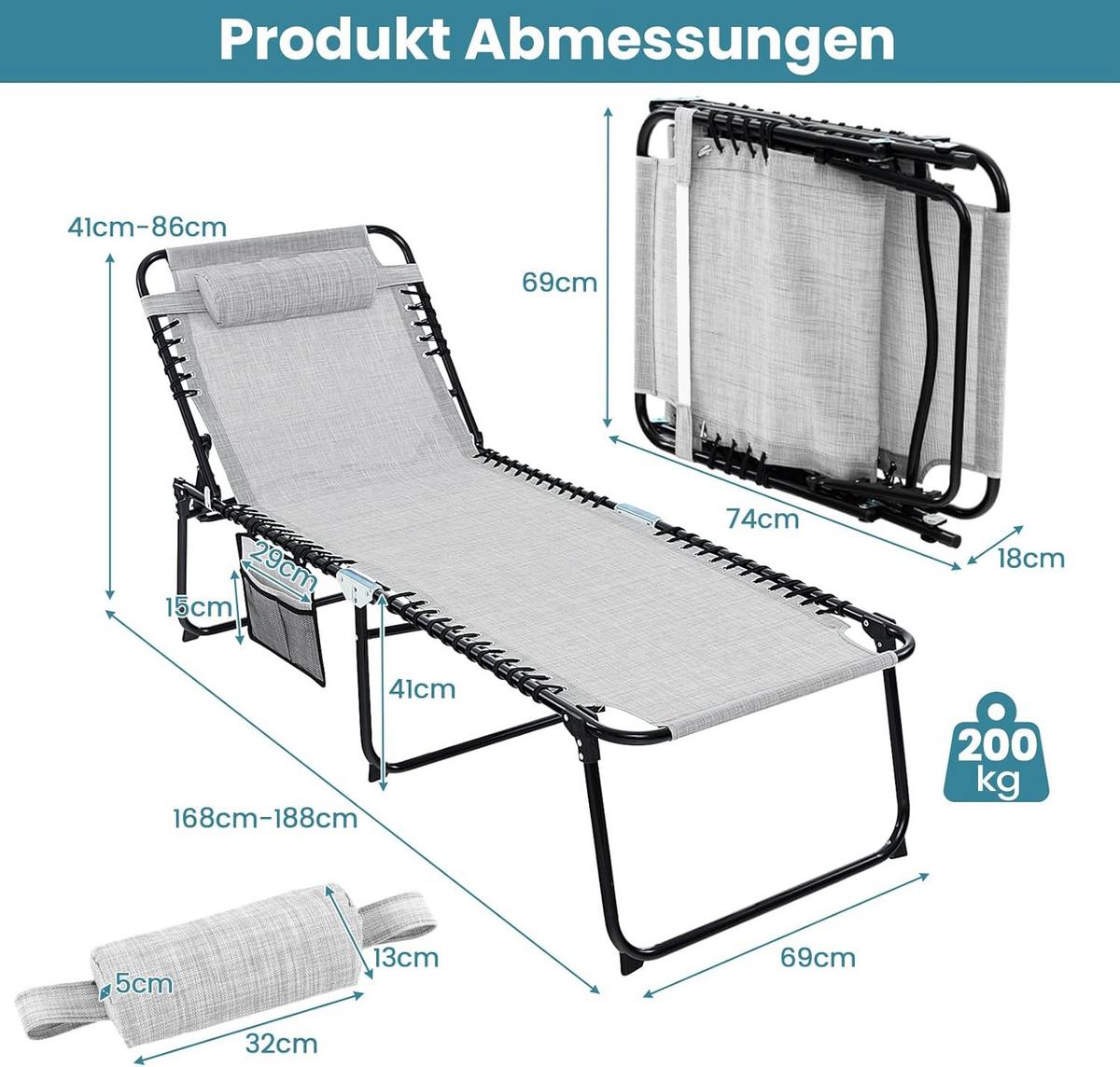 GARTENLIEGE Grau - Grau, Metall (188/86/69cm) - COSTWAY