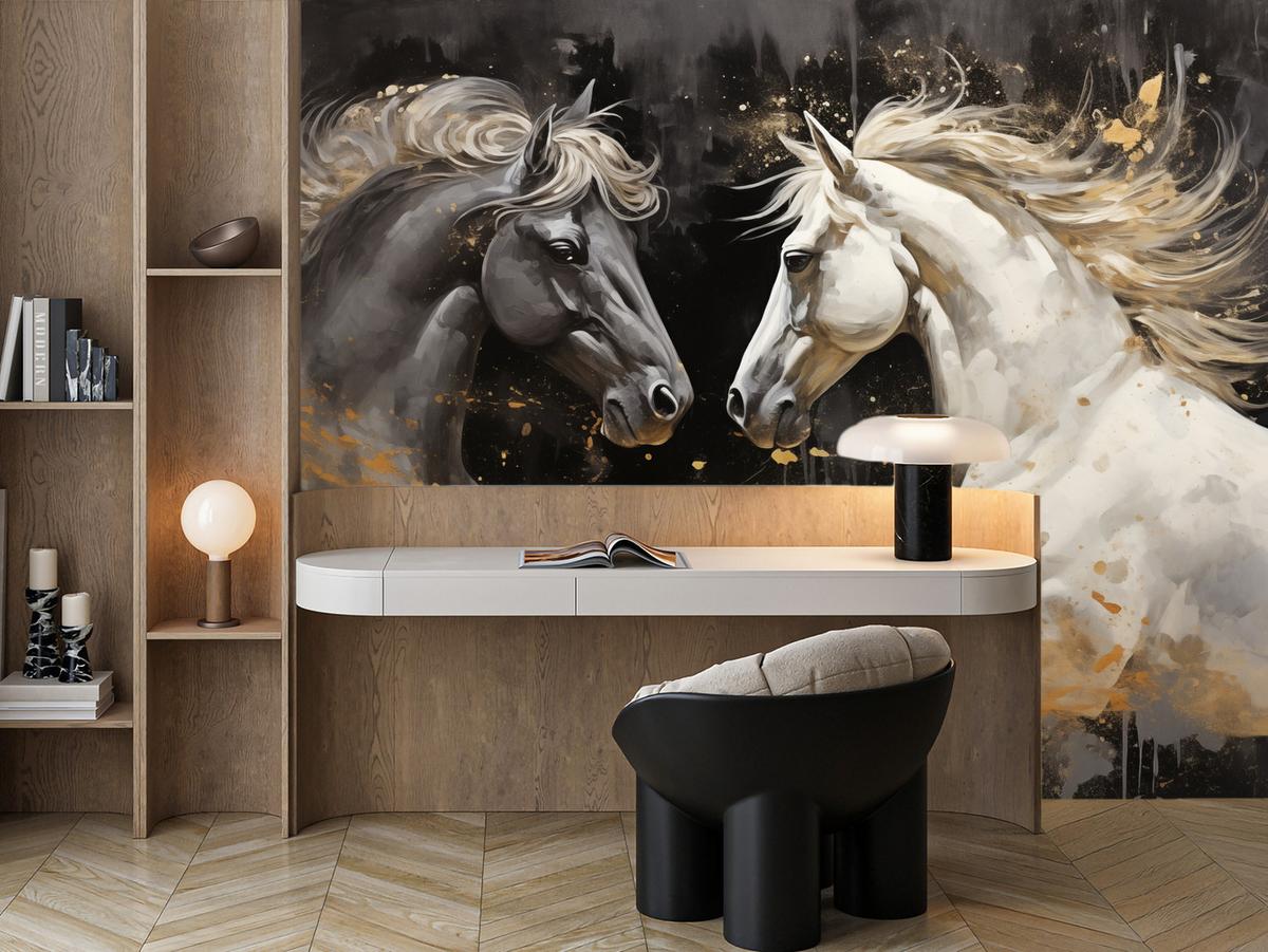 FOTOTAPETE für Büro Schwarz-Weiß Pferd Aquarell Goldakzente Eleganz 350x256 - Beige/Schwarz, Papier (350/256cm) - Muralo