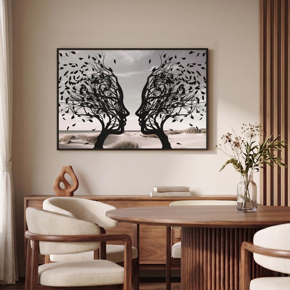 LEINWAND Bilder mit Rahmen - Strand - Meer - Menschen - Baum - Moderne Kunst - 90x60 - Hellgrau, Textil (90/60cm) - MuchoWow