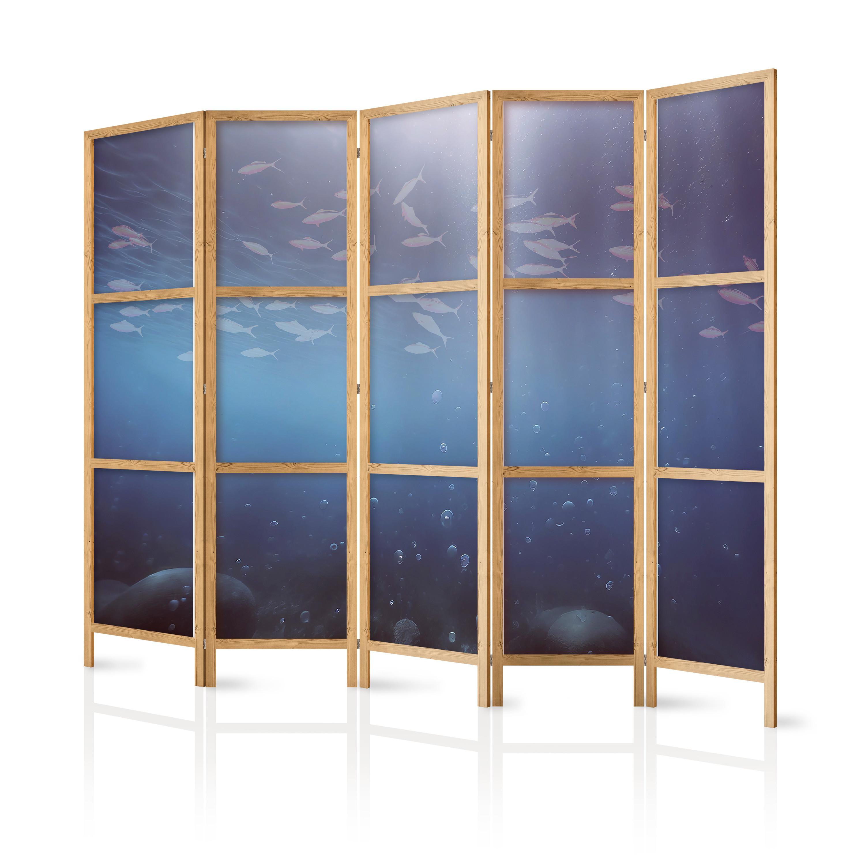 PARAVENT Japanischer 5-tlg 225x172 cm Fischschwarm - Blau, Holz/Textil (225/172/3cm) - Muralo