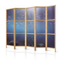 PARAVENT Japanischer 5-tlg 225x172 cm Fischschwarm - Blau, Holz/Textil (225/172/3cm) - Muralo