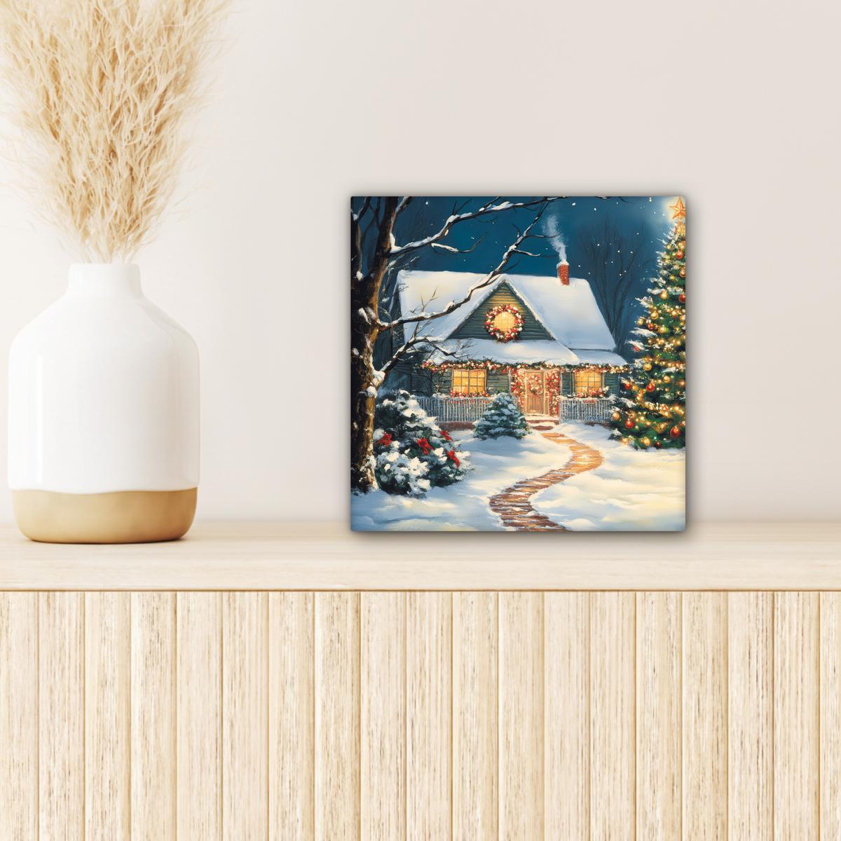 LEINWANDBILD Weihnachten - Weihnachtsbaum - Winter - Zuhause - Schnee Deko Wohnzimmer 20x20 cm - Smaragdgrün, Textil (20/20cm) - MuchoWow
