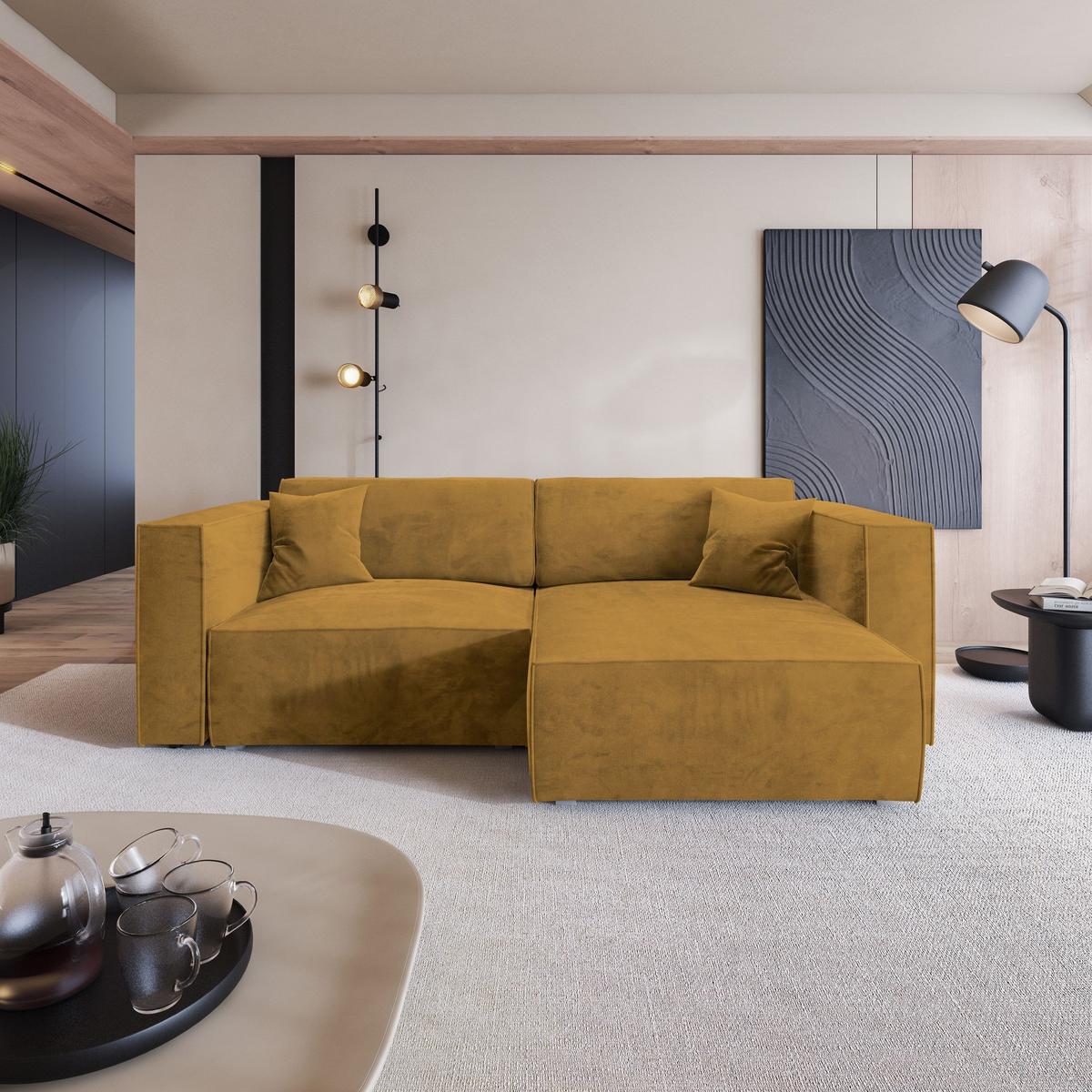 ECKSOFA NERIO M Gelb Velours-Stoff mit Schlaffunktion - Gelb/Grau, Holz/Kunststoff (245/148cm) - MASSENO