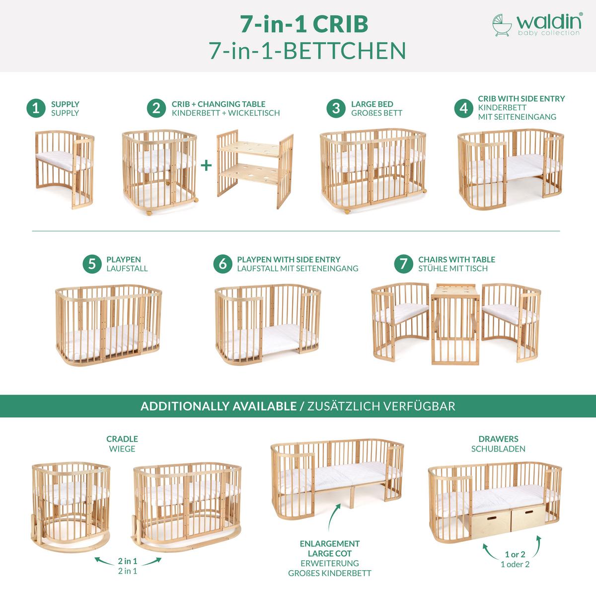 BABYBETT WHITE, 7in1 mit Matratze - Weiß/Grau, Holz (73/123cm) - waldin