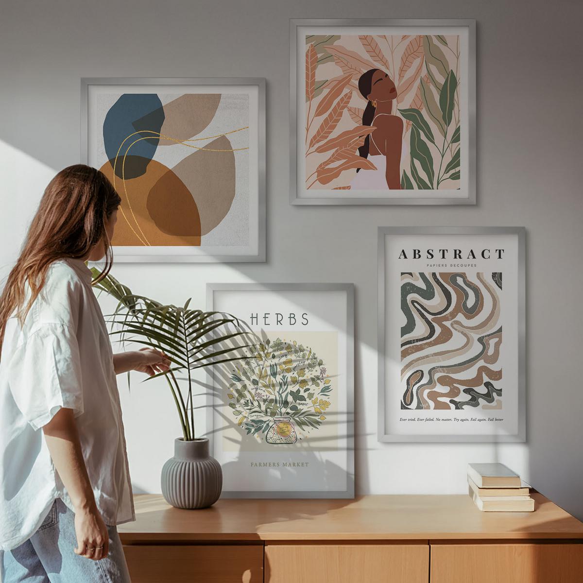 BILDER SET 4er Set - 50x50 cm & 40x60 cm Silberner Rahmen - Boho-Ästhetik, Pastellposter - Silberfarben, Kunststoff (50/50cm) - TULUP