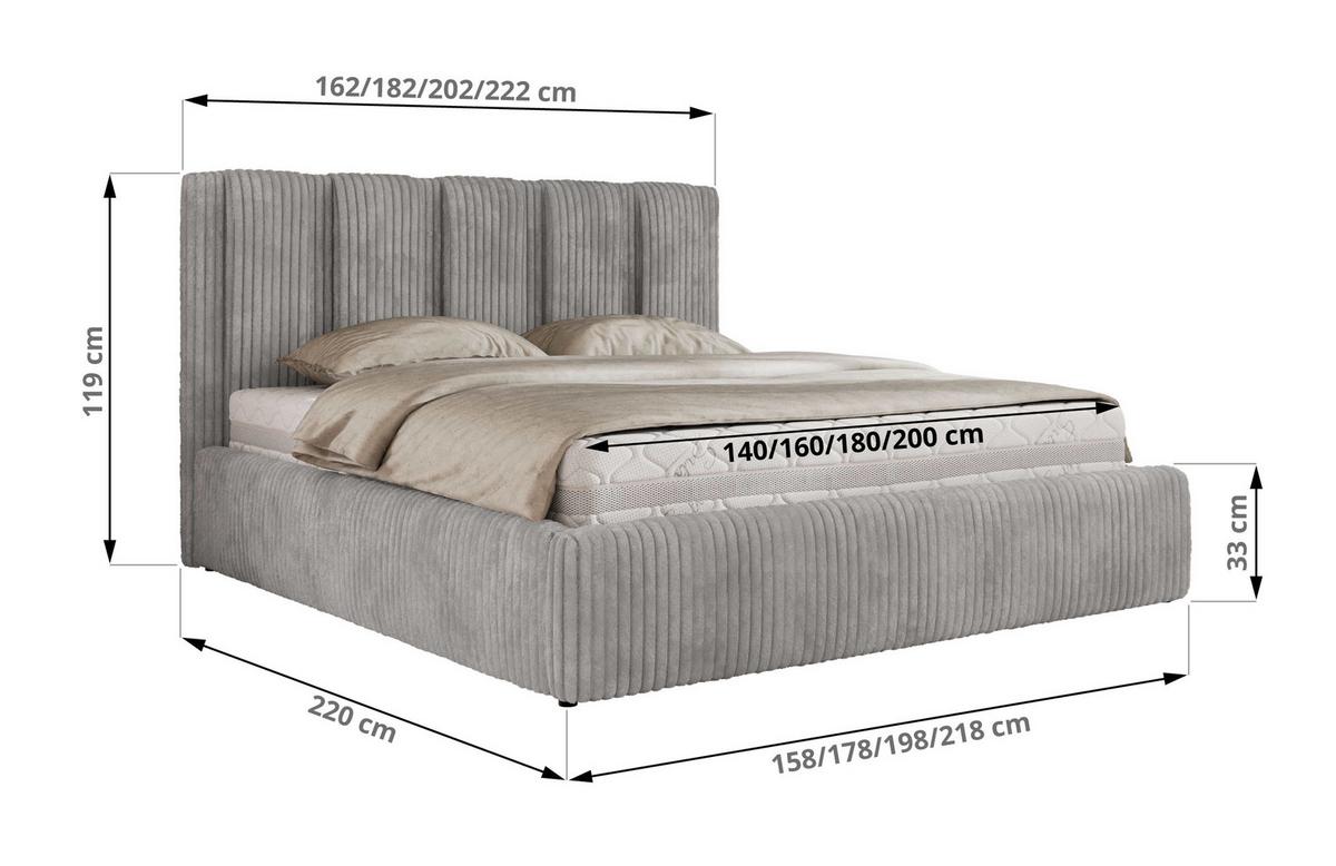 POLSTERBETT SAVINO CLASSIC 140/200 - Hellgrau Cord - Multipocket-Matratze - Hellgrau, Textil (140/200cm) - MKS