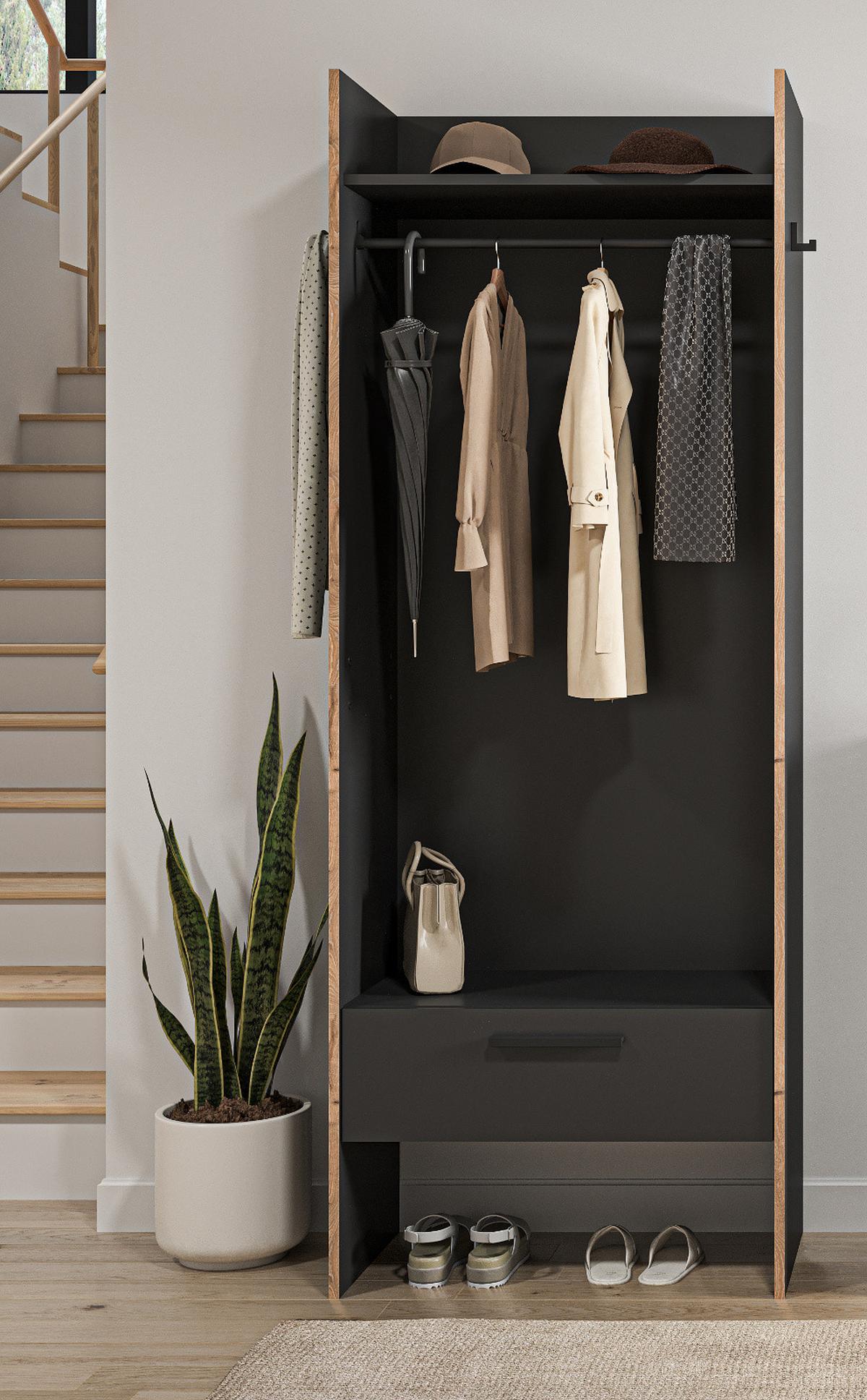 GARDEROBE grau und Nox Eiche, Kompaktgarderobe 70 x 189 cm, Salud - Eichefarben/Grau, Holzwerkstoff (70/189/37cm) - Inn.Furn