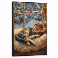 LEINWAND Bilder mit Rahmen - Katze - Weihnachten - Winter - Tier - 60x90 - Bernsteinfarben, Textil (60/90cm) - MuchoWow