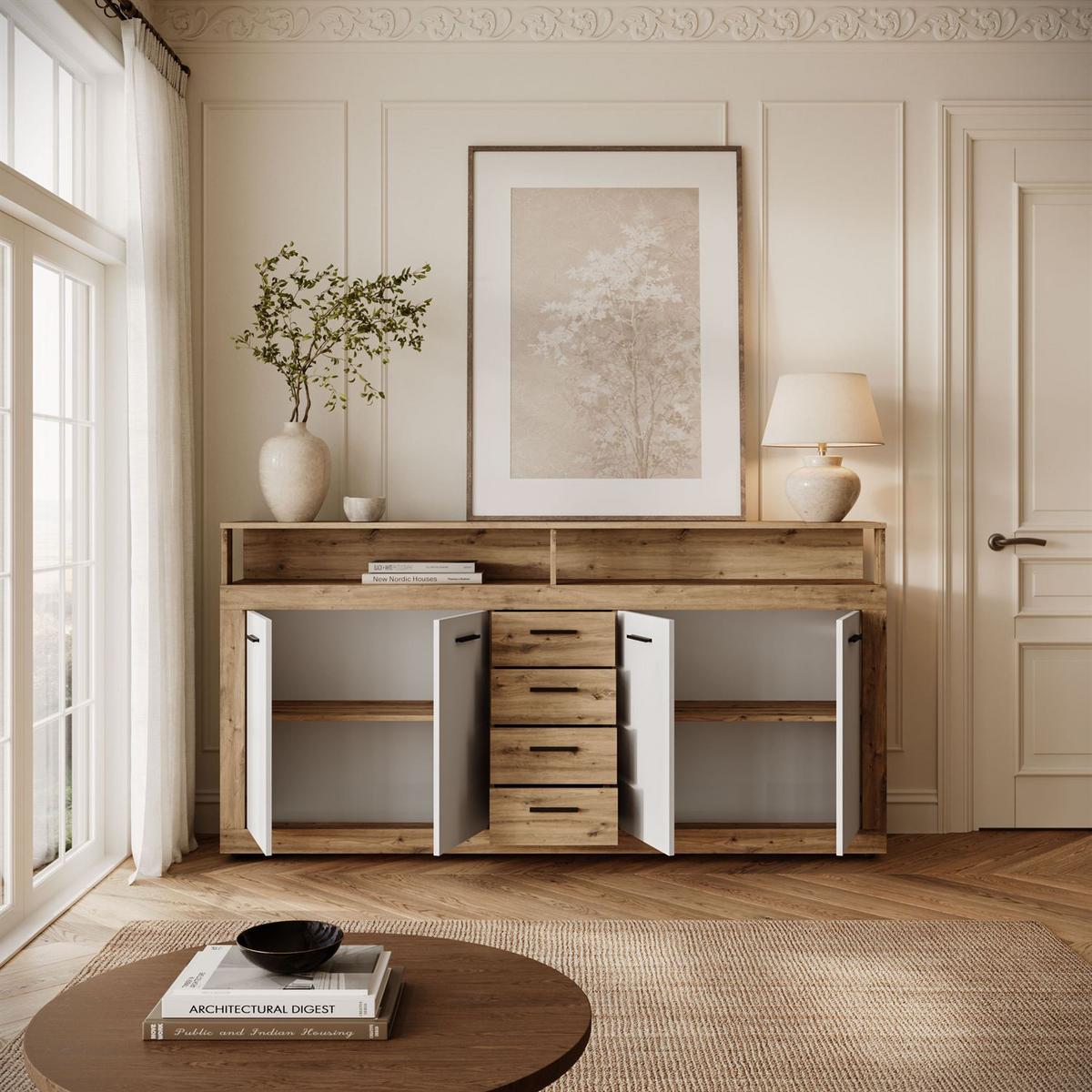 KOMMODE ROMANO mit Schubladen - Eiche Artisan/Weiß, Holzwerkstoff (190/96/32cm) - Lookway